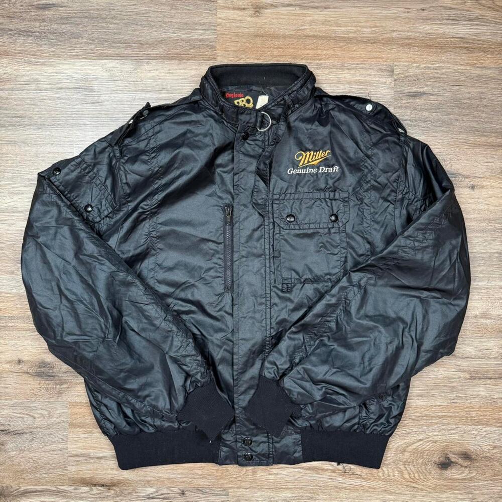 Vintage 80s miller lite genuine draft king louie pro fit made usa bomber jacketβ